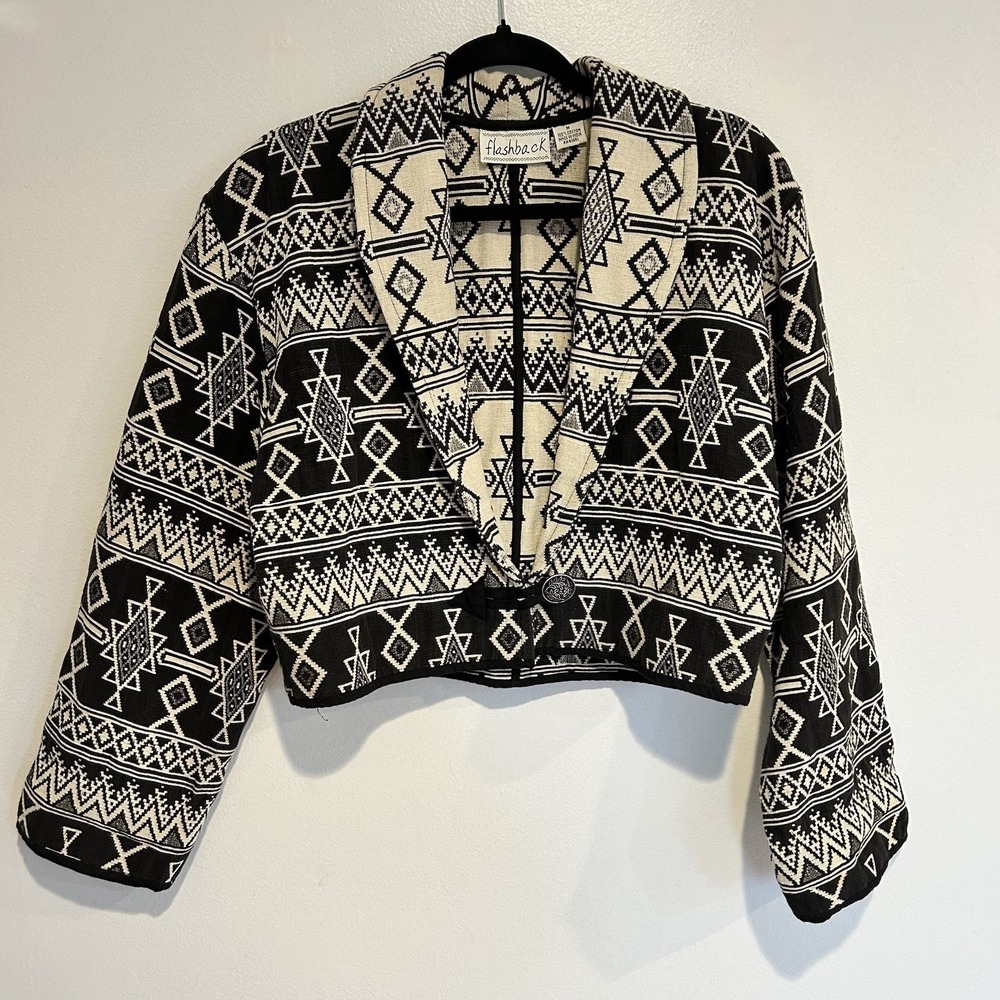 Vtg 90s‎ Tapestry Aztec Southwest western Womens Med LG Blk White Cropped Jacket